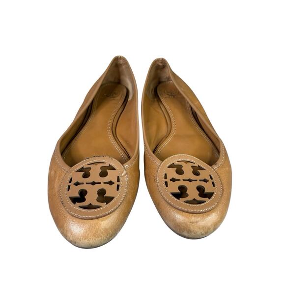 Tory Burch Tan Leather Ballet Flats Logo Round Toe Slip On Shoes Size 8.5 - Picture 2 of 8